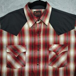 Plains Western Wear Mens Pearl Snap Shirt Size LRG Red Plaid Striped Long Sleeve